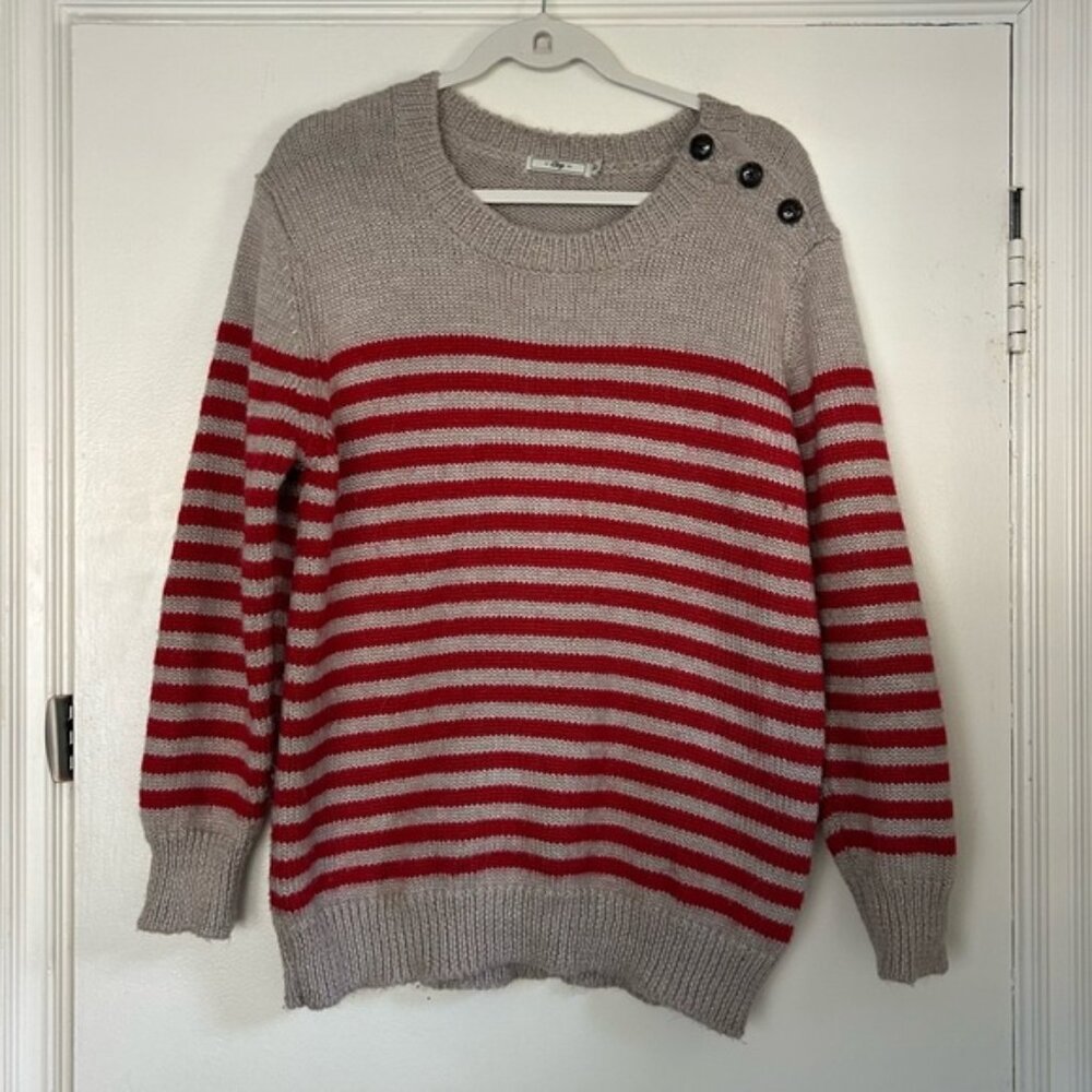 Obey Wool Alpaca Brown Red Stripe Crewneck Sweater Denim Elbow Patch M